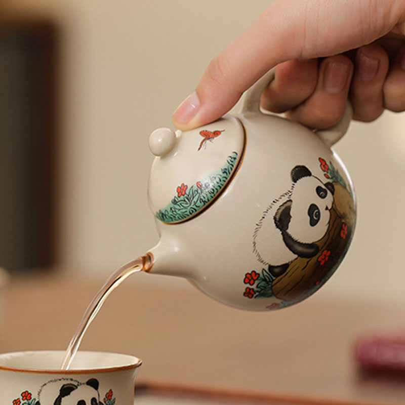 Ru Ware Beige Panda Ceramic Teapot with Crackle Glaze 180ml