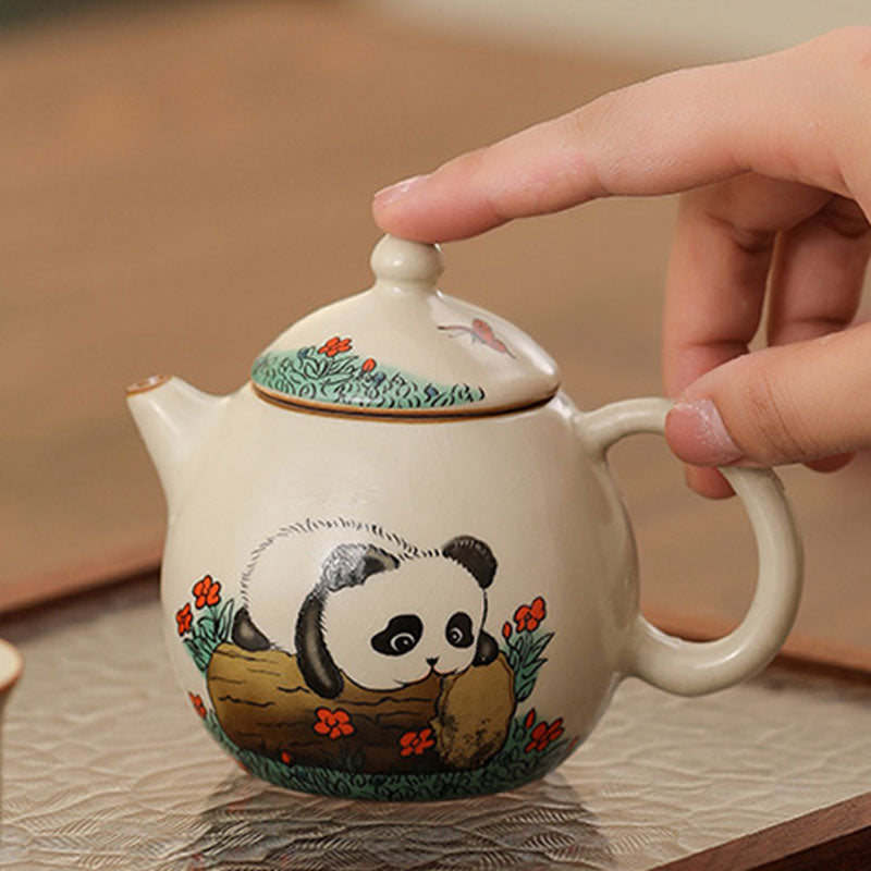 Ru Ware Beige Panda Ceramic Teapot with Crackle Glaze 180ml