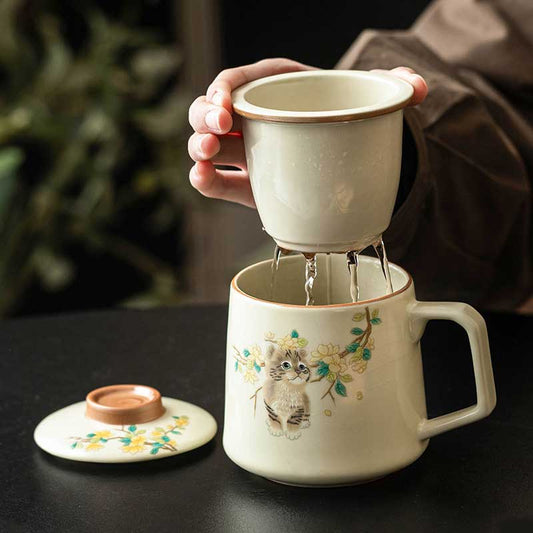 Ru Ware Cute Cat Ceramic Tea Mug with Infuser & Lid 349ml