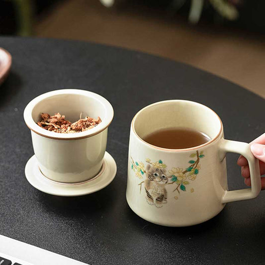 Ru Ware Cute Cat Ceramic Tea Mug with Infuser & Lid 349ml