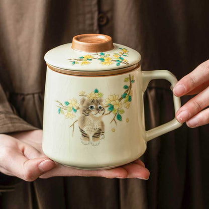 Ru Ware Cute Cat Ceramic Tea Mug with Infuser & Lid 349ml