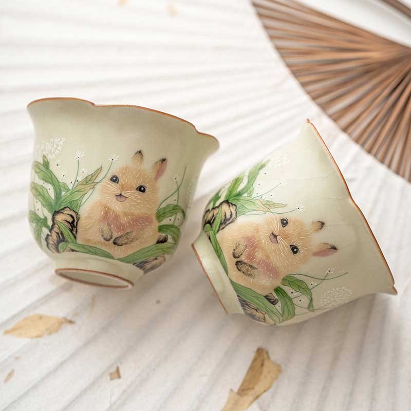 Ru Ware Rabbit Ceramic Teacup with Crackle Glaze 40ml