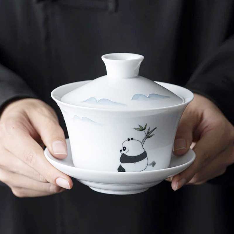 White Porcelain Hand-painted Panda Ceramic Gaiwan-3