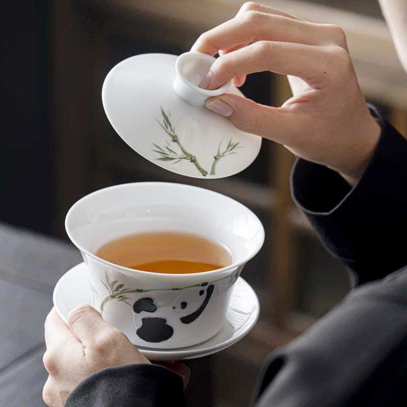 White Porcelain Hand-painted Panda Ceramic Gaiwan-4