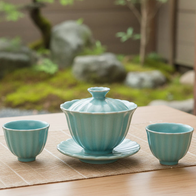 Chinese Lotus Flowering Shape Ceramic Gaiwan Tea Set Online - Ajiangoods