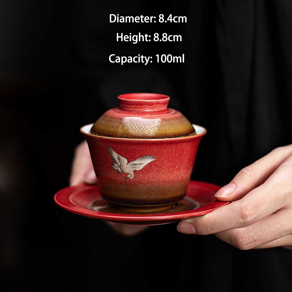 Jun Kiln Red Crane Ceramic Gaiwan-size