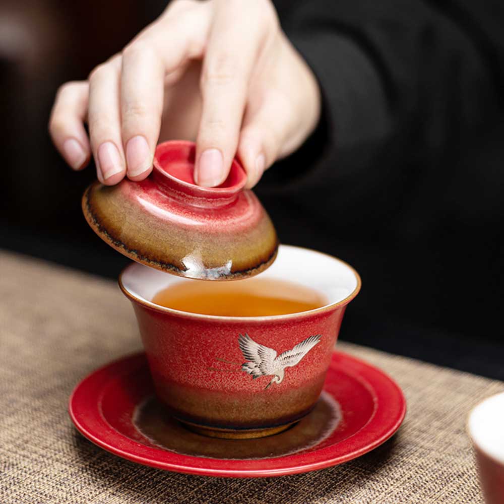 Jun Kiln Red Crane Ceramic Gaiwan-3